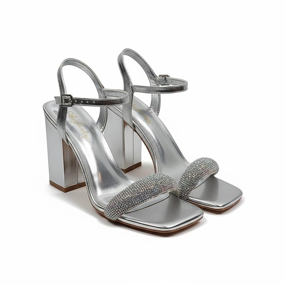NWT Elisabet Tang Silver Rhinestone Strappy Heels Chunky Block Sandal 7 Wedding